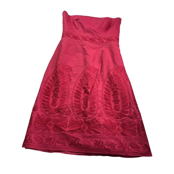 Y2K Ann taylor Strapless Red Cocktail Dress Size 2 Floral Embroidery Lined - Picture 3 of 10